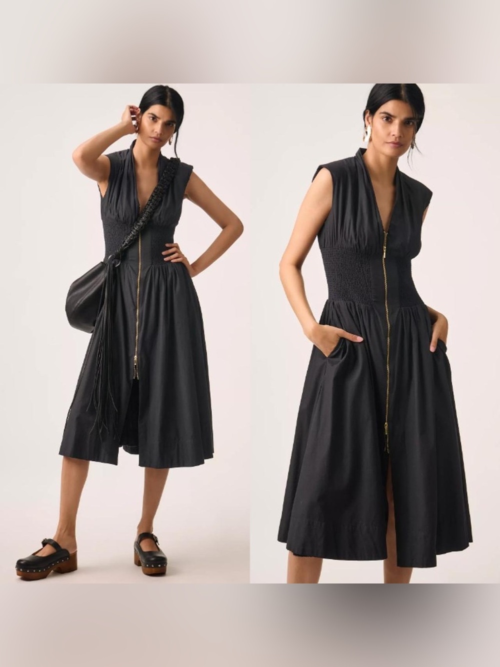 Joie Black Linen Blend Zip Front Smocked Waist Midi Dress